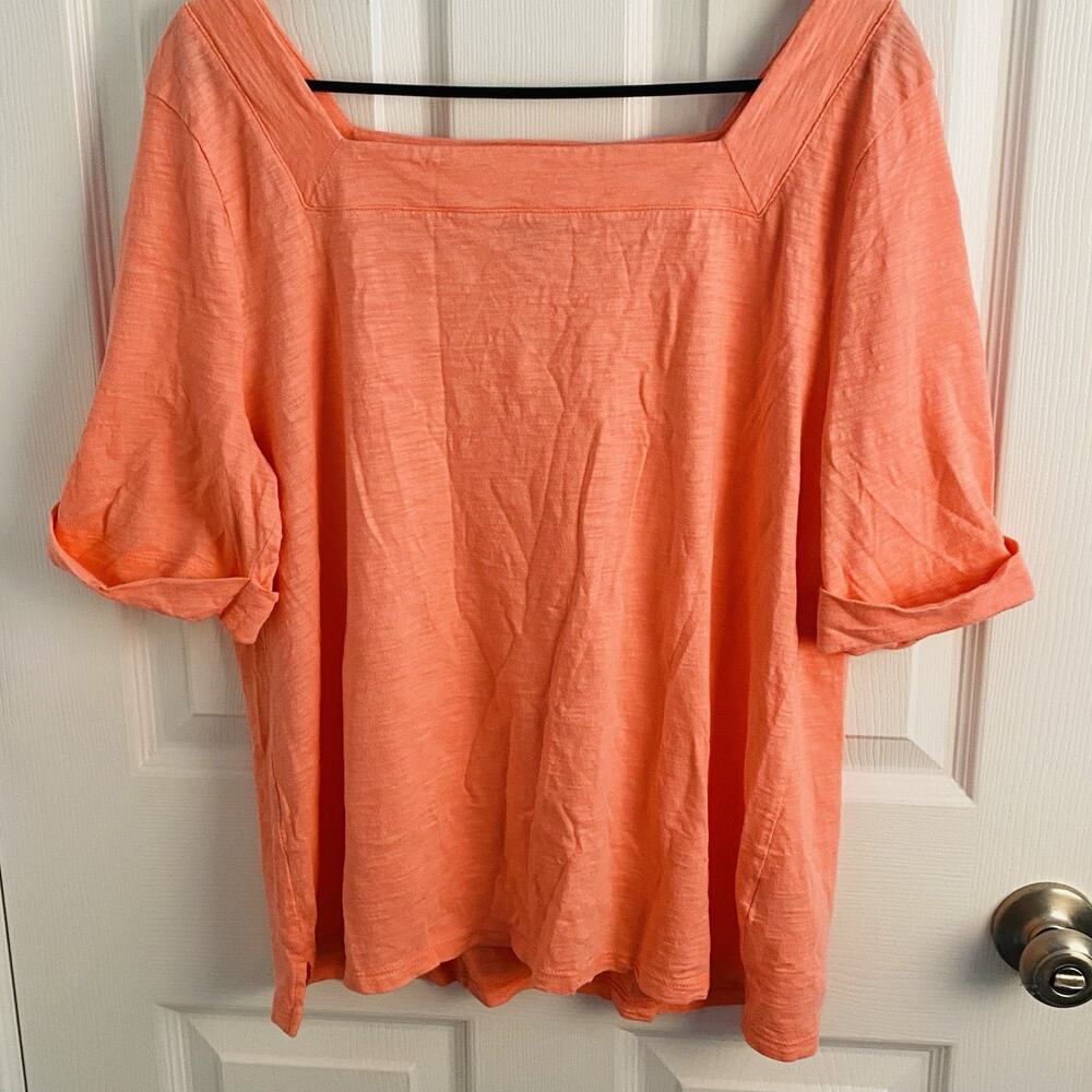 Talbots ROLL-CUFF SQUARE-NECK TEE Womens XL Minimalist CORAL SALMON Quiet Luxury